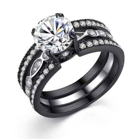 Elegant Women’s Round Cut Cubic Zirconia Engagement and Wedding Ring Set in Black Stainless Steel – Available in Sizes 5 to 10